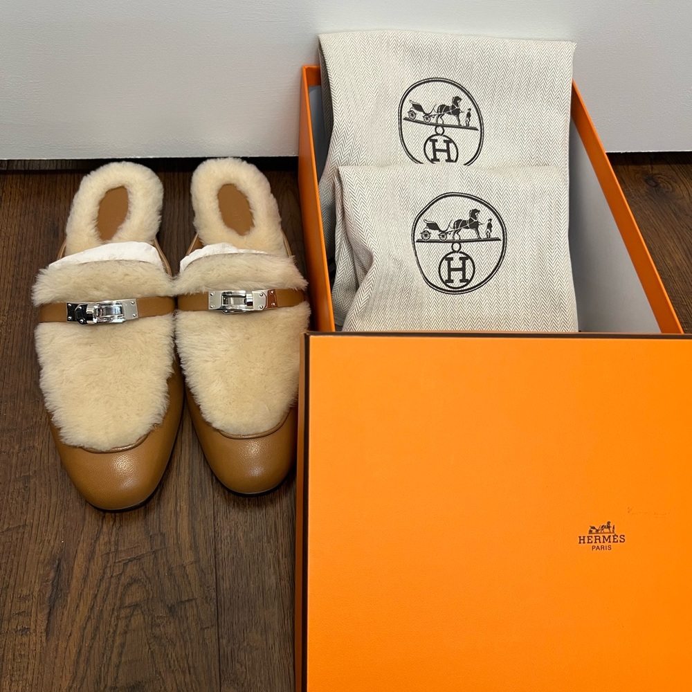 NEW Hermes Oz Mule Goatskin Shearling Natural Ecru Kelly Buckle Size 40 - Picture 3 of 4